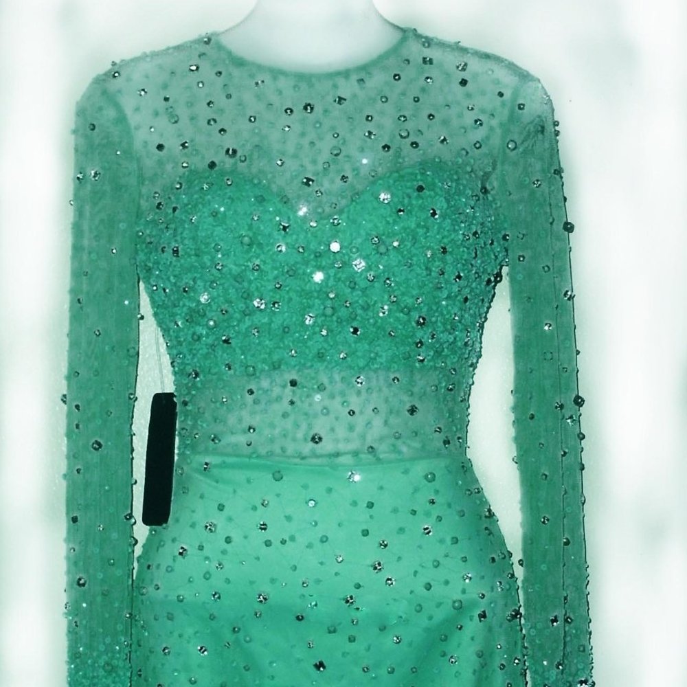Women's Bebe sparkle light jade green bodycon mesh dress size 00 longsleeve